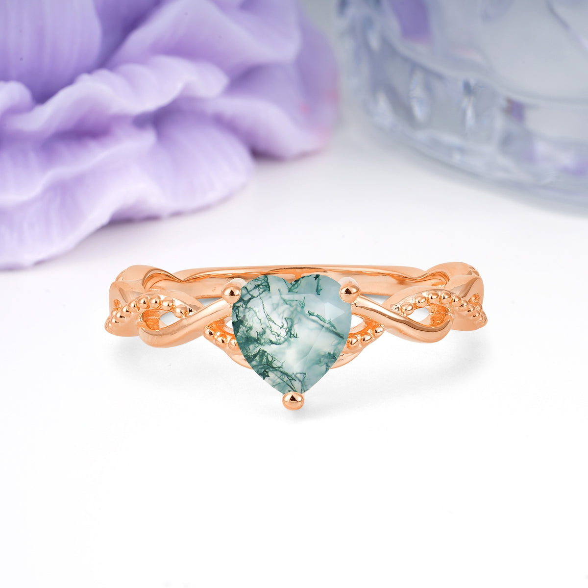 Classic Twisted 3-Prong Heart-Cut Moss Agate Engagement Ring - Additional view