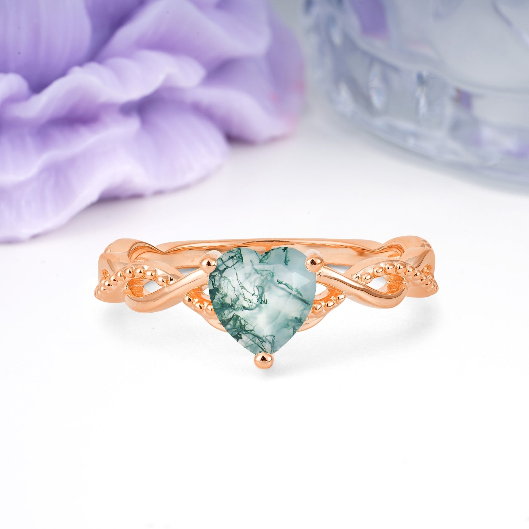 Classic Twisted 3-Prong Heart-Cut Moss Agate Engagement Ring - Additional view