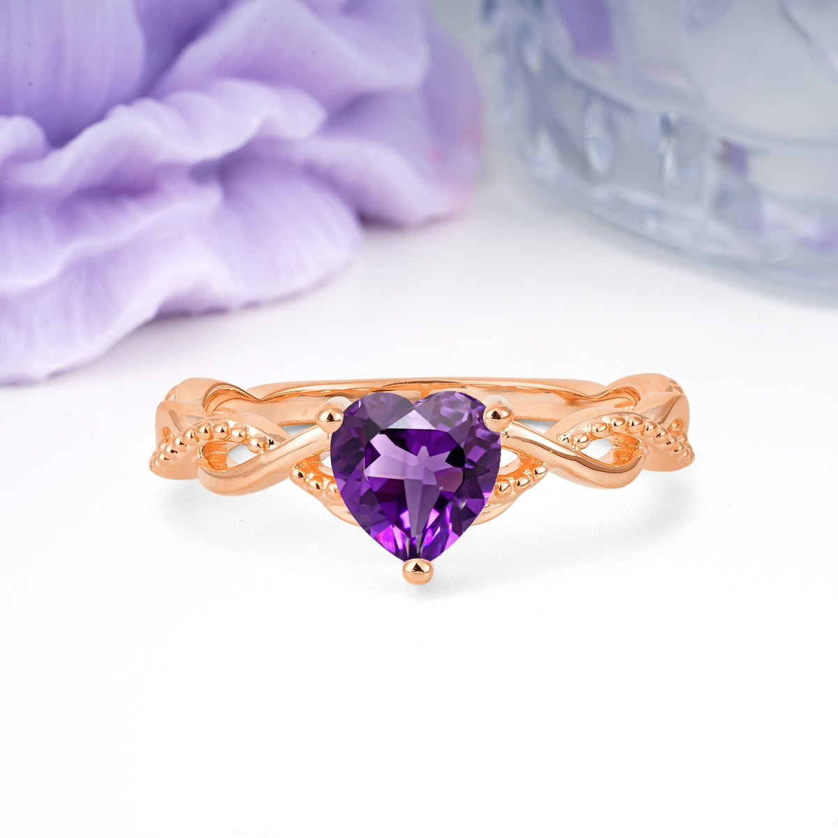 Classic Twisted 3-Prong Heart-Cut Amethyst Engagement Ring - Additional view