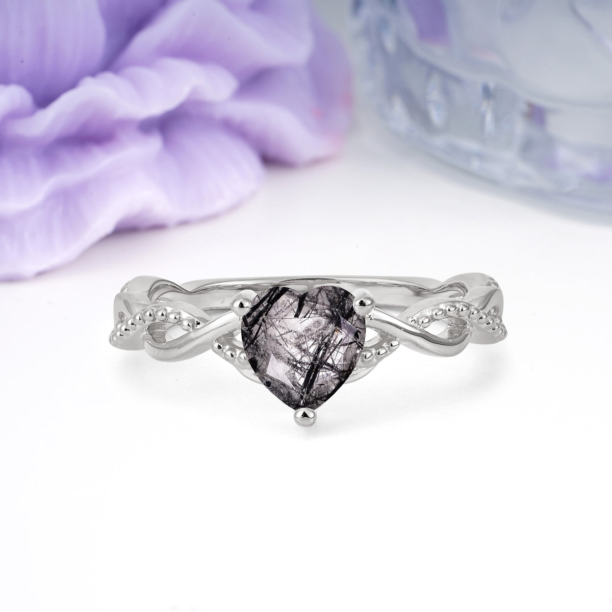 Classic Twisted 3-Prong Heart-Cut Black Rutilated Quartz Engagement Ring - Additional view