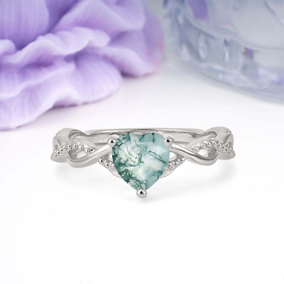 Classic Twisted 3-Prong Heart-Cut Moss Agate Engagement Ring - Additional view