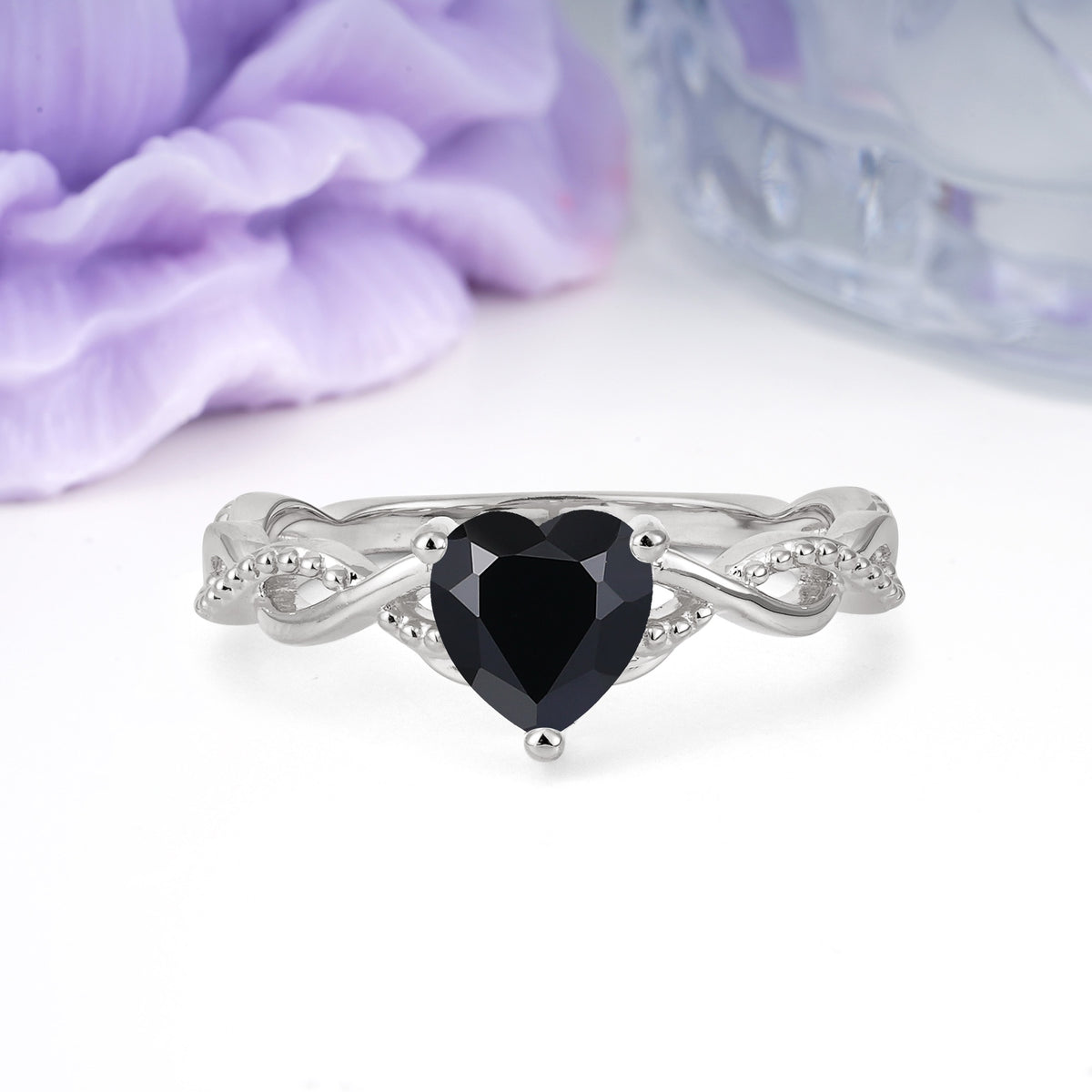 Classic Twisted 3-Prong Heart-Cut Black Onyx Engagement Ring - Additional view
