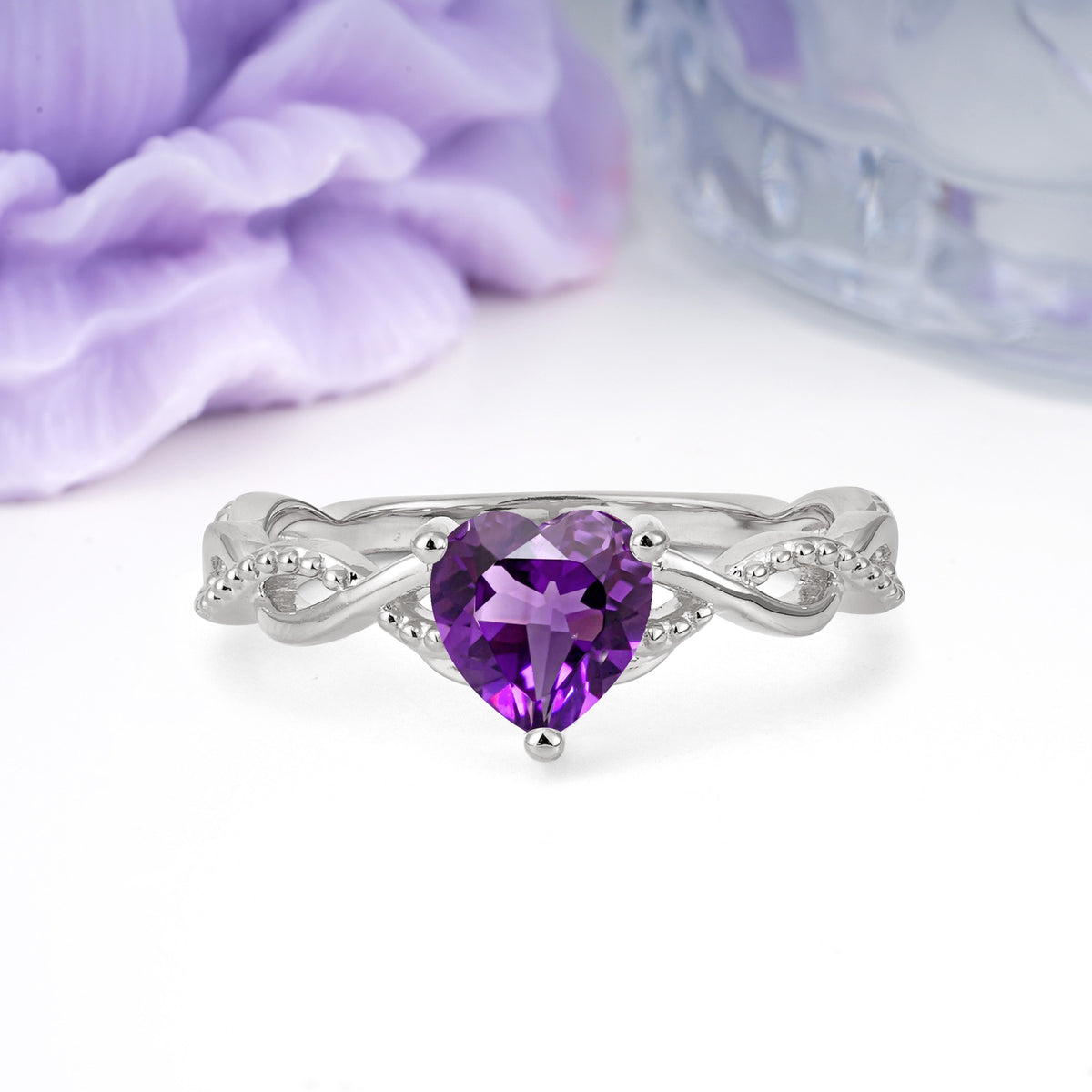 Classic Twisted 3-Prong Heart-Cut Amethyst Engagement Ring - Additional view