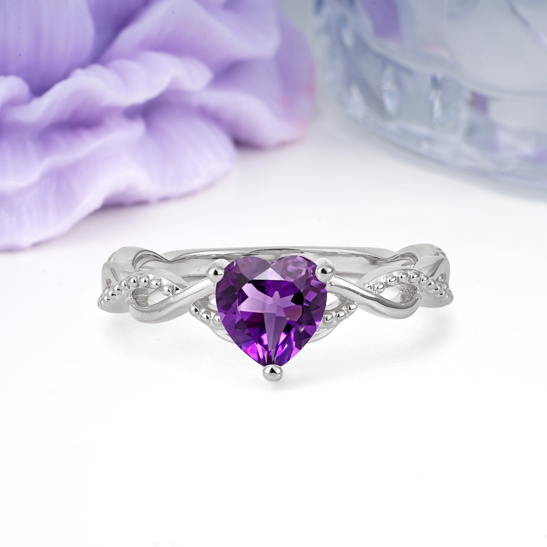 Classic Twisted 3-Prong Heart-Cut Amethyst Engagement Ring - Additional view