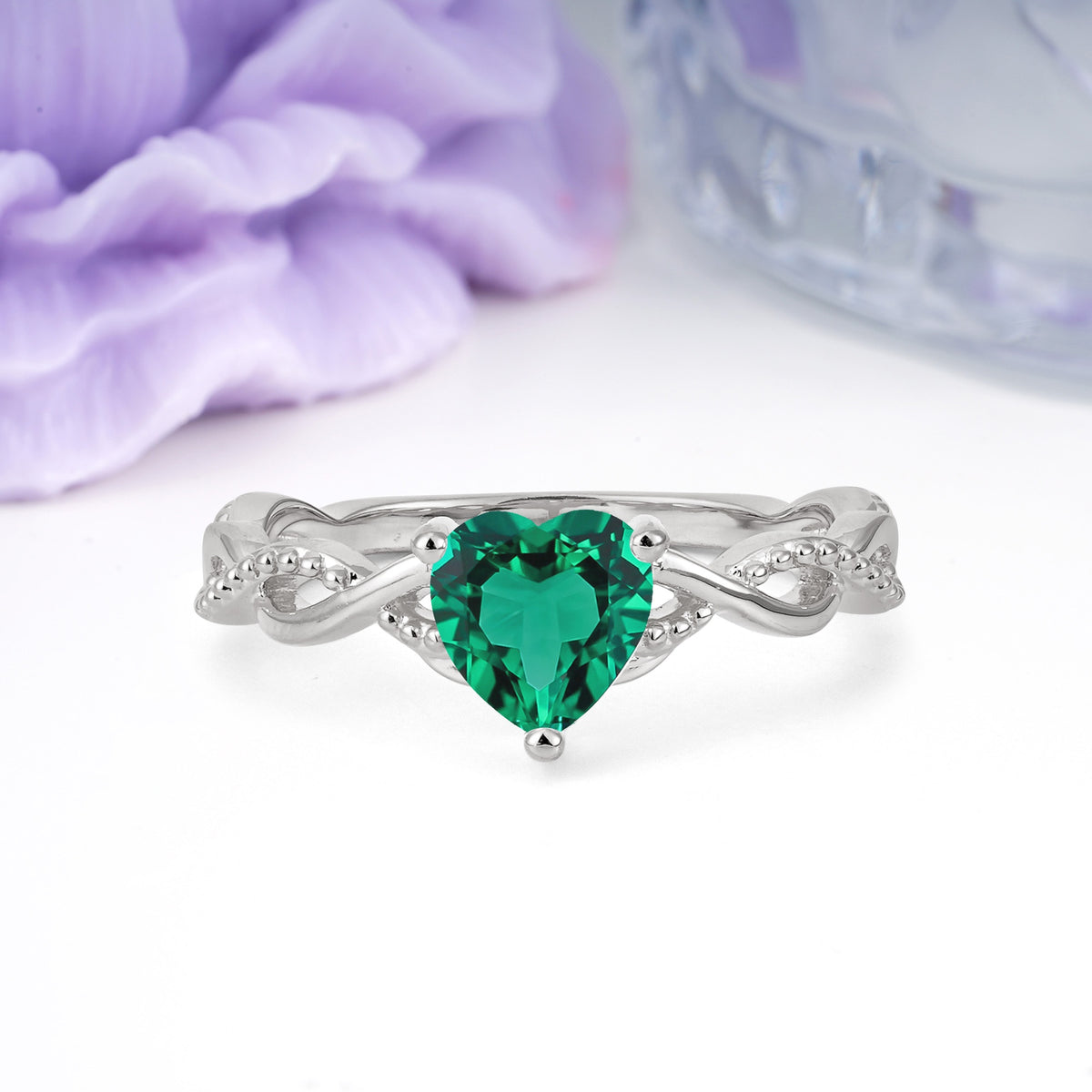 Classic Twisted 3-Prong Heart-Cut Emerald Engagement Ring - Additional view