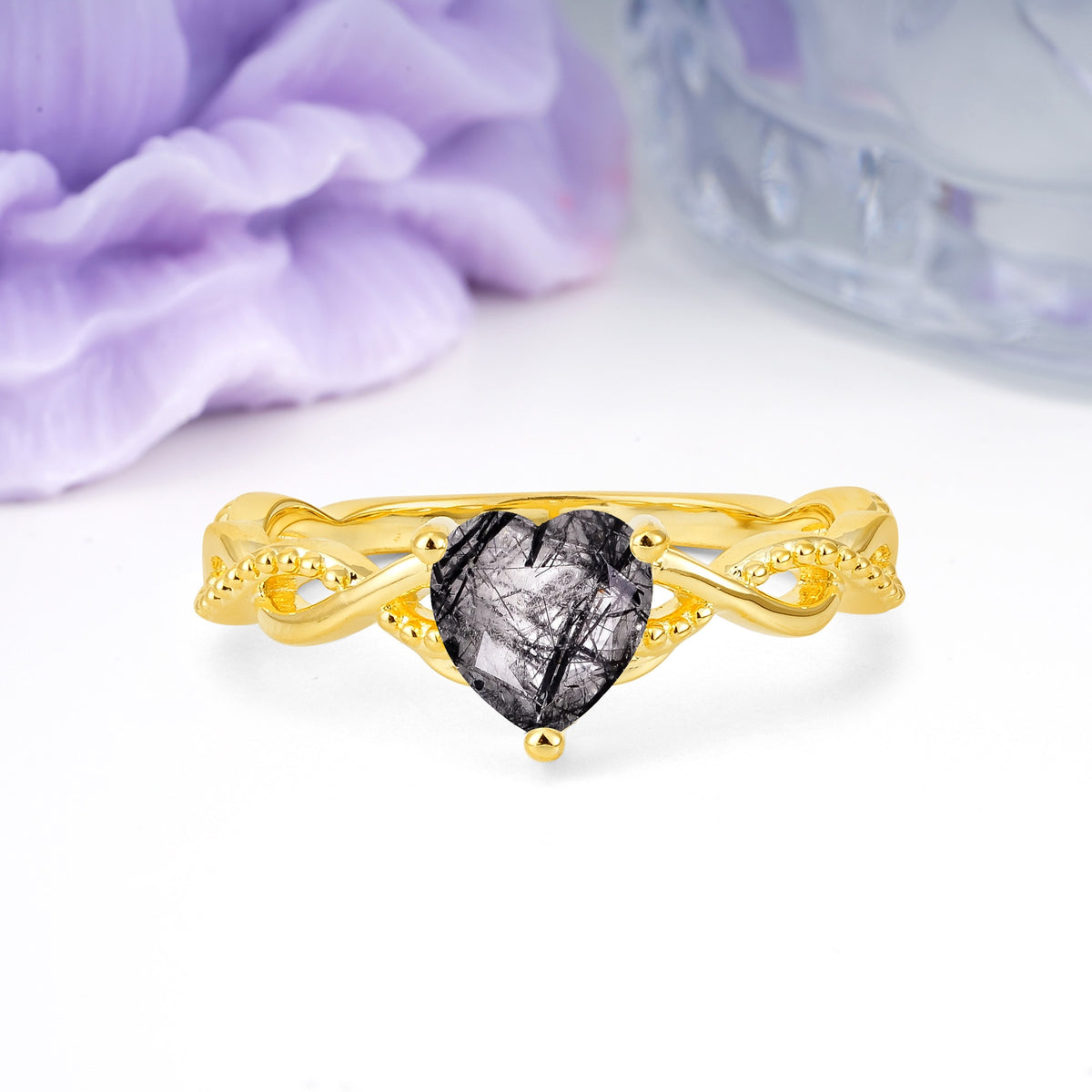 Classic Twisted 3-Prong Heart-Cut Black Rutilated Quartz Engagement Ring - Additional view
