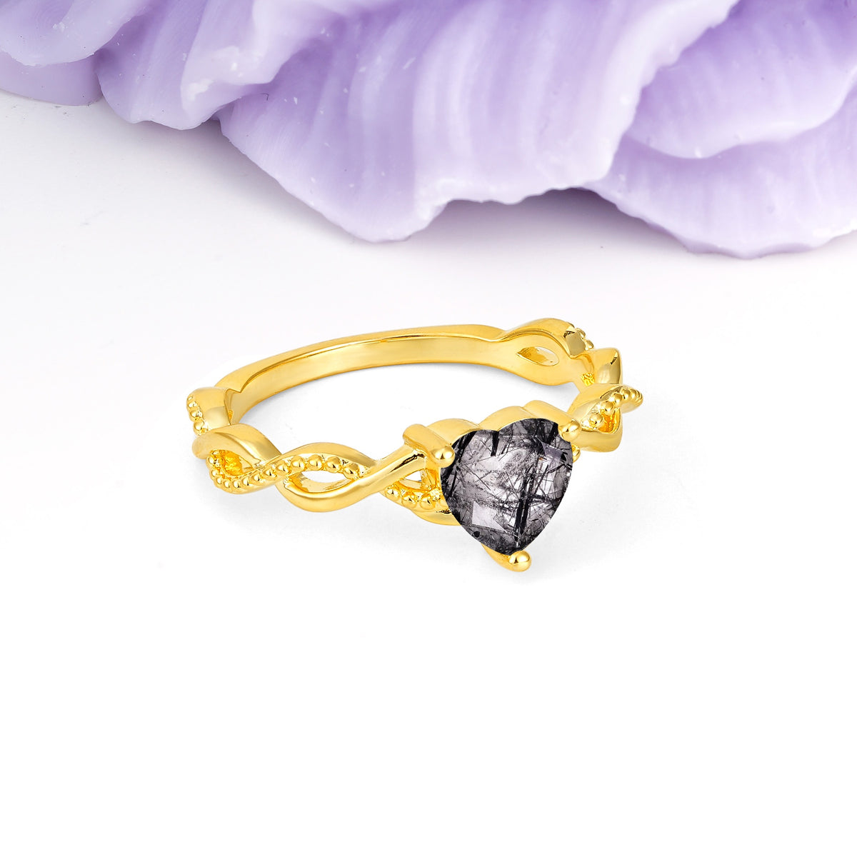 Classic Twisted 3-Prong Heart-Cut Black Rutilated Quartz Engagement Ring - Additional view