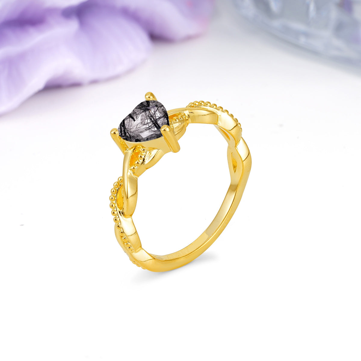 Classic Twisted 3-Prong Heart-Cut Black Rutilated Quartz Engagement Ring - Additional view