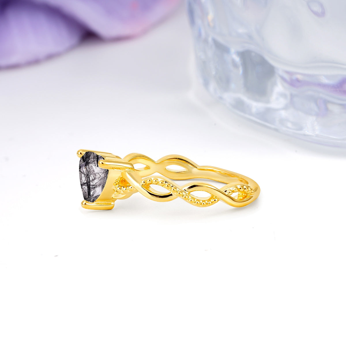 Classic Twisted 3-Prong Heart-Cut Black Rutilated Quartz Engagement Ring - Additional view
