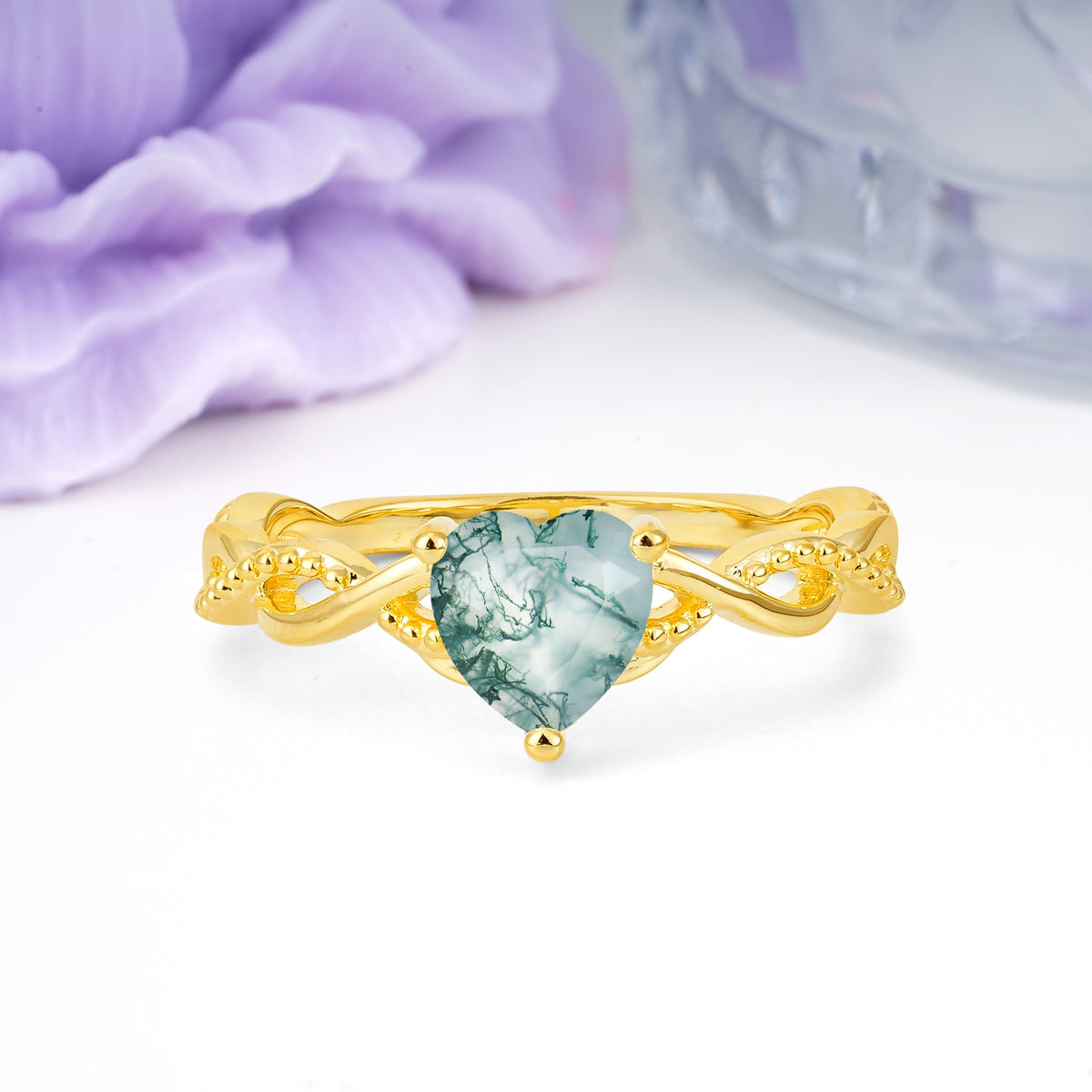 Classic Twisted 3-Prong Heart-Cut Moss Agate Engagement Ring - Additional view