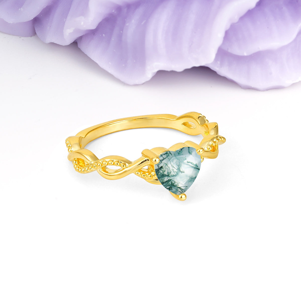 Classic Twisted 3-Prong Heart-Cut Moss Agate Engagement Ring - Additional view