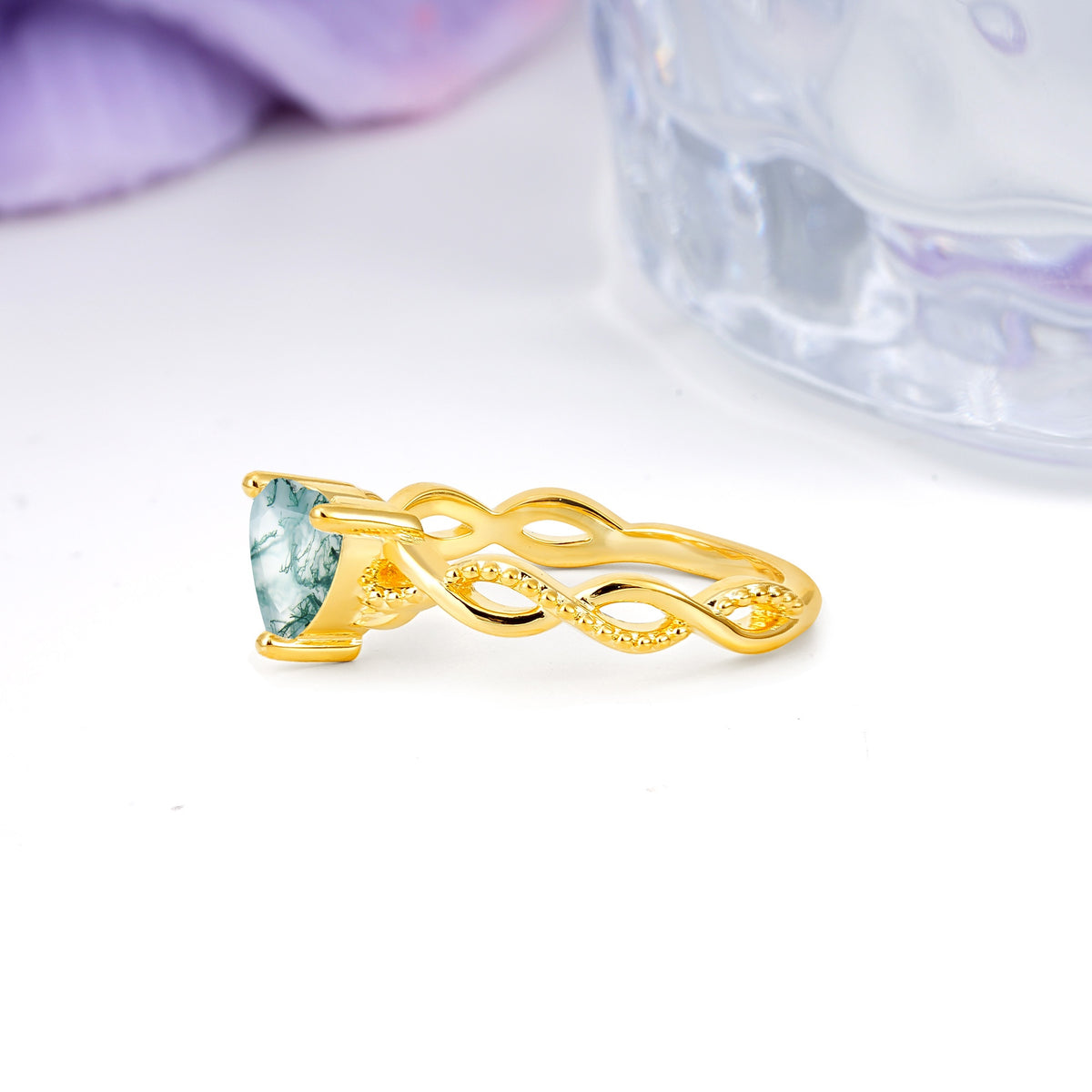 Classic Twisted 3-Prong Heart-Cut Moss Agate Engagement Ring - Additional view