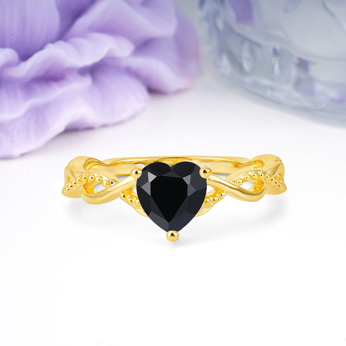 Classic Twisted 3-Prong Heart-Cut Black Onyx Engagement Ring - Additional view