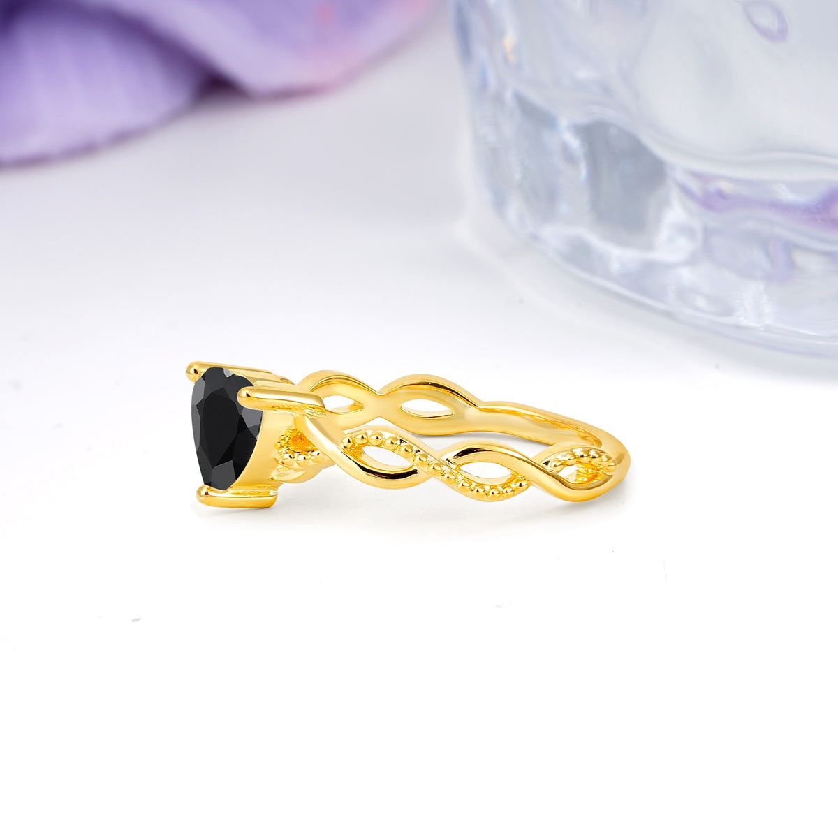 Classic Twisted 3-Prong Heart-Cut Black Onyx Engagement Ring - Additional view