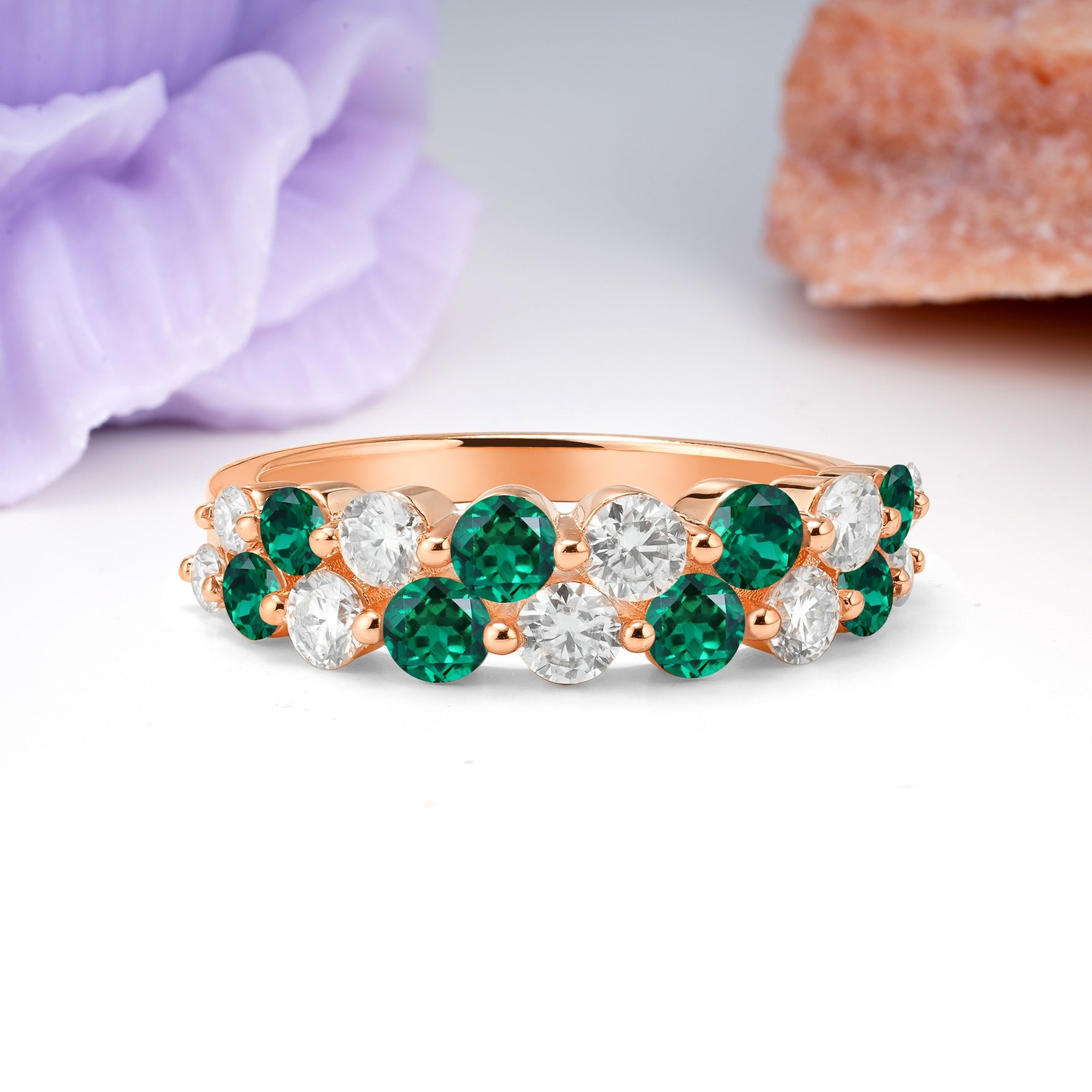 Offset Double‑Row Round Cut Emerald Wedding Ring - Additional view