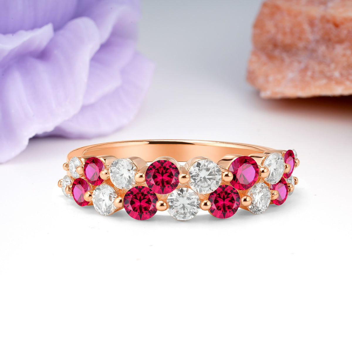 Offset Double‑Row Round Cut Ruby Wedding Ring - Additional view