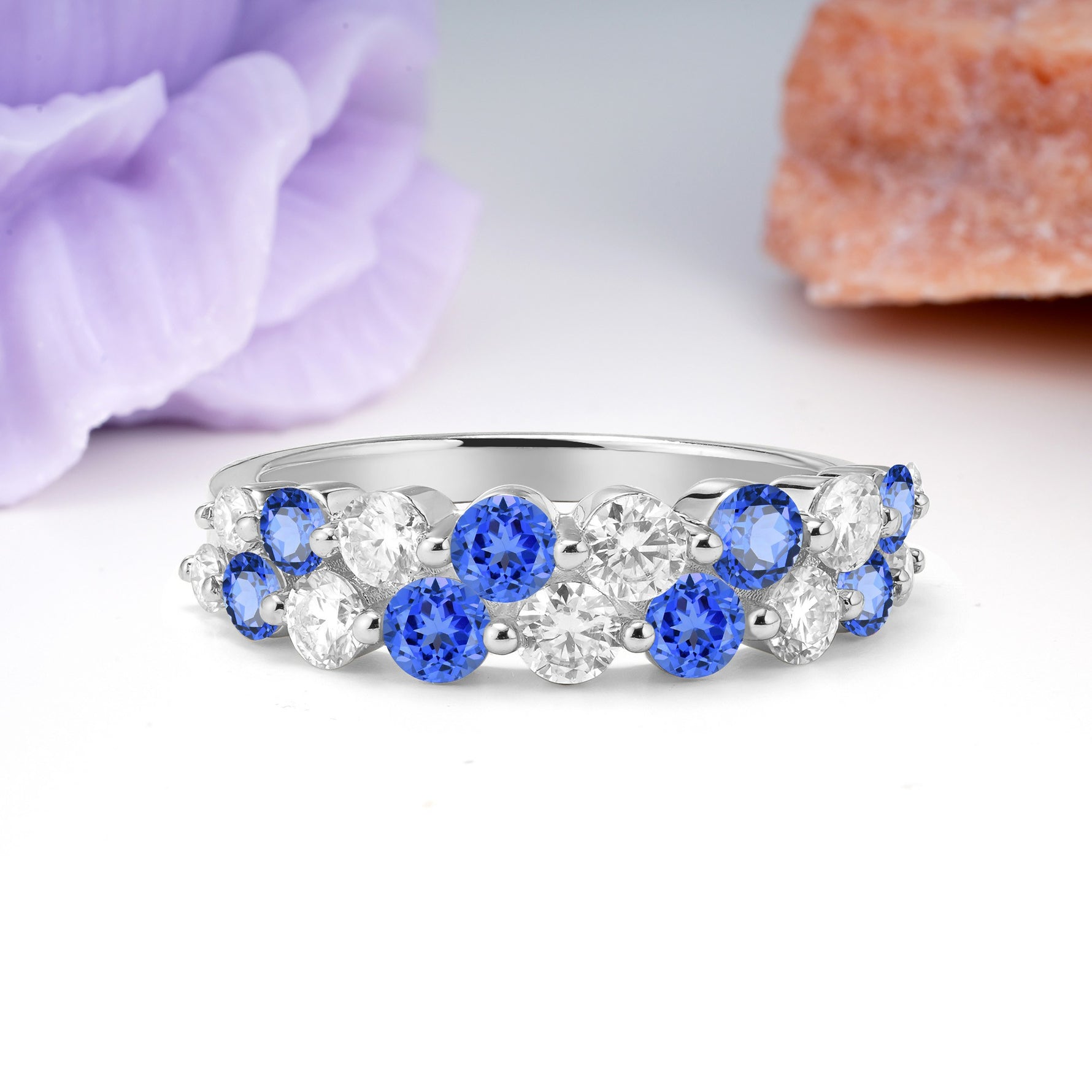 Offset Double‑Row Round Cut Sapphire Wedding Ring - Additional view