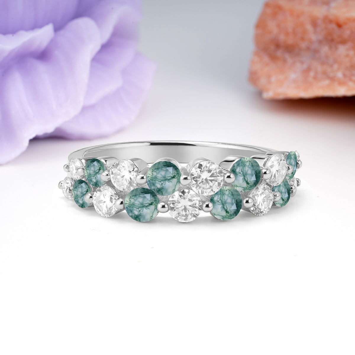 Offset Double‑Row Round Cut Moss Agate Wedding Ring - Additional view