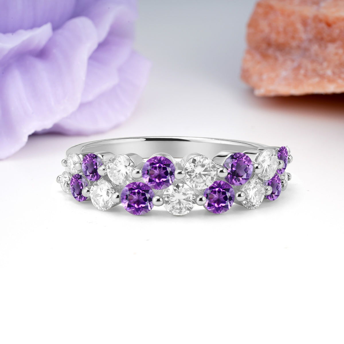 Offset Double‑Row Round Cut Amethyst Wedding Ring - Additional view