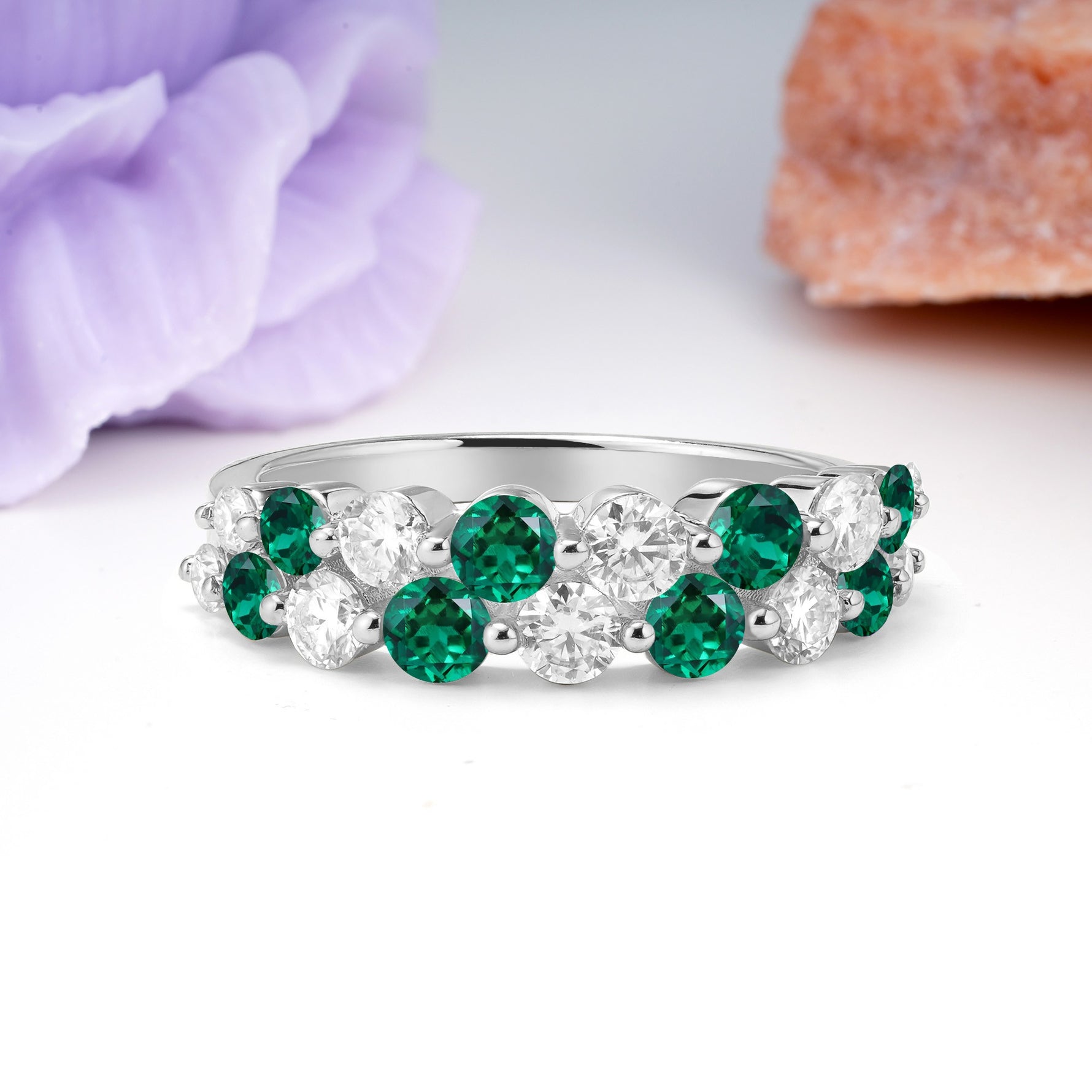 Offset Double‑Row Round Cut Emerald Wedding Ring - Additional view