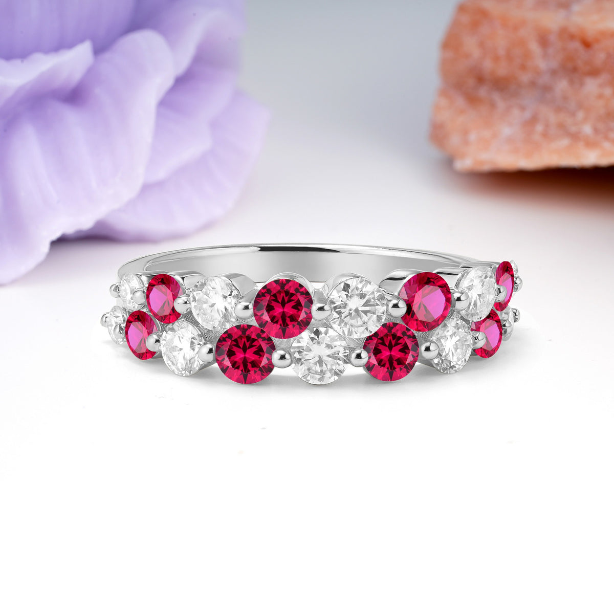 Offset Double‑Row Round Cut Ruby Wedding Ring - Additional view