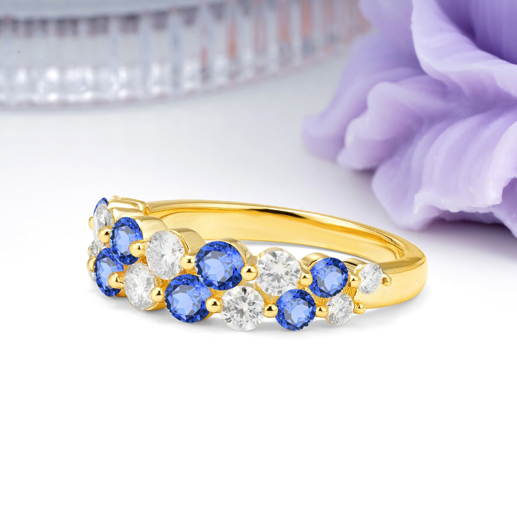 Offset Double‑Row Round Cut Sapphire Wedding Ring - Additional view