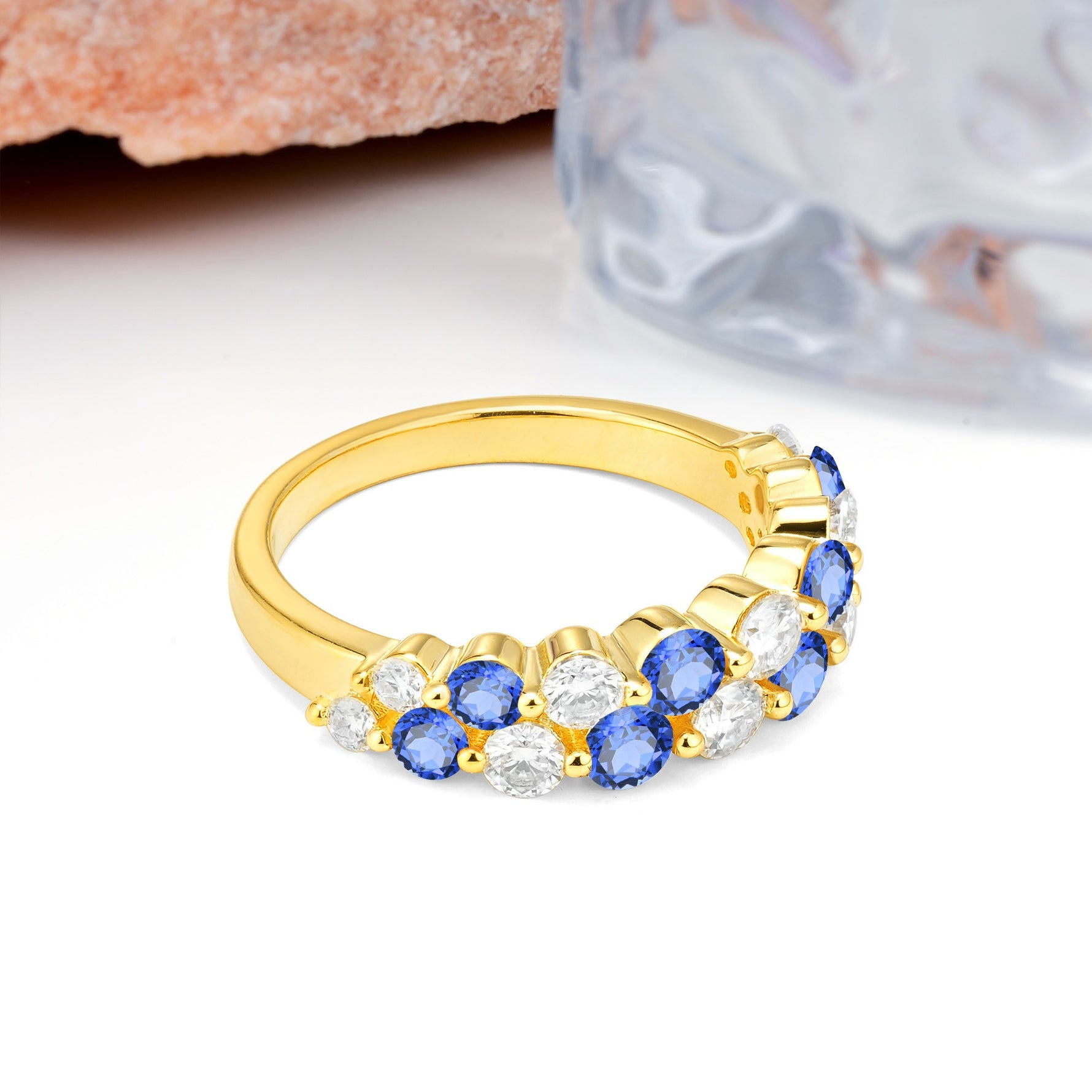 Offset Double‑Row Round Cut Sapphire Wedding Ring - Additional view