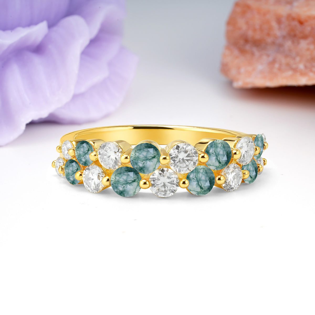 Offset Double‑Row Round Cut Moss Agate Wedding Ring - Additional view