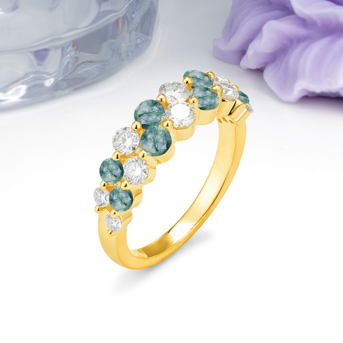 Offset Double‑Row Round Cut Moss Agate Wedding Ring - Additional view