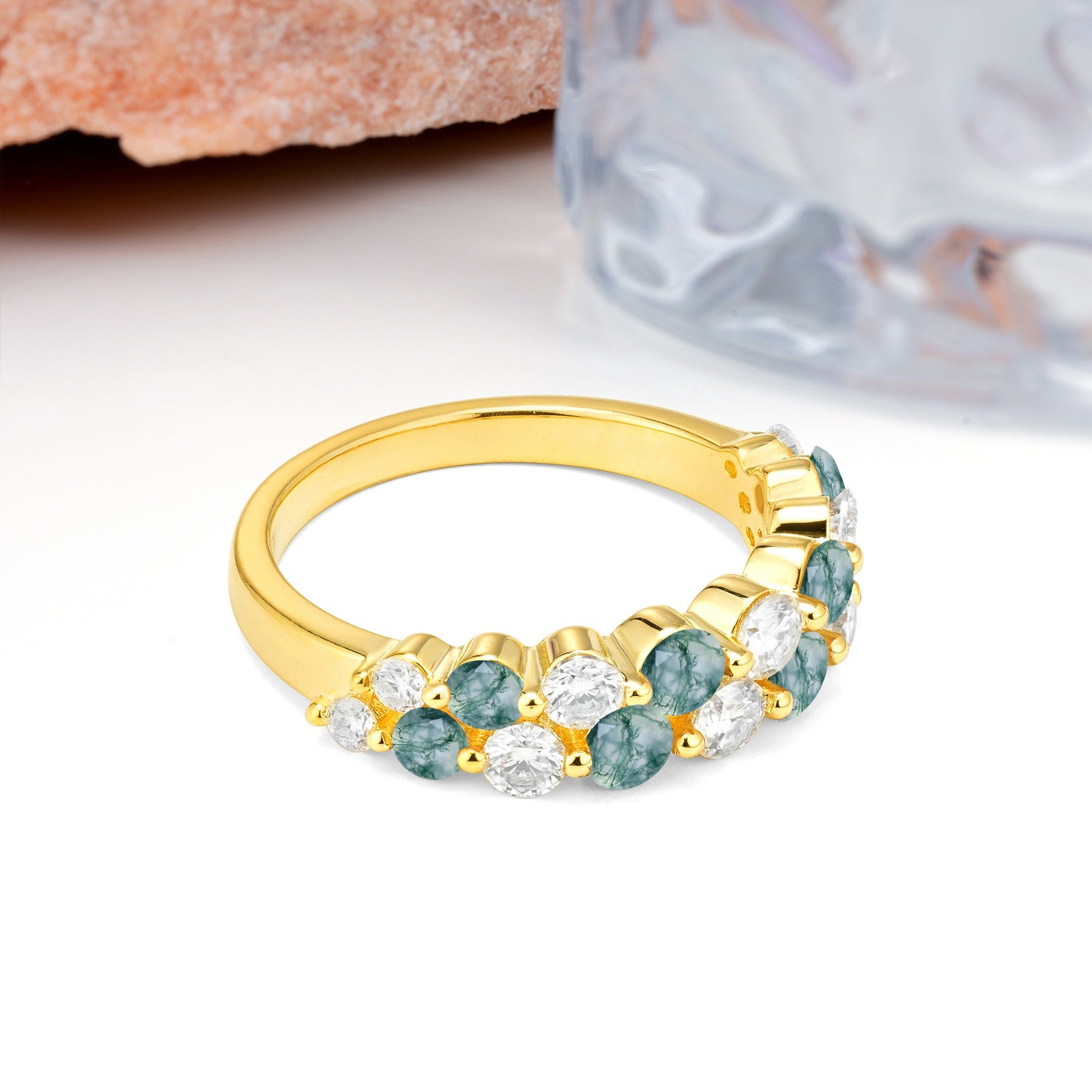 Offset Double‑Row Round Cut Moss Agate Wedding Ring - Additional view