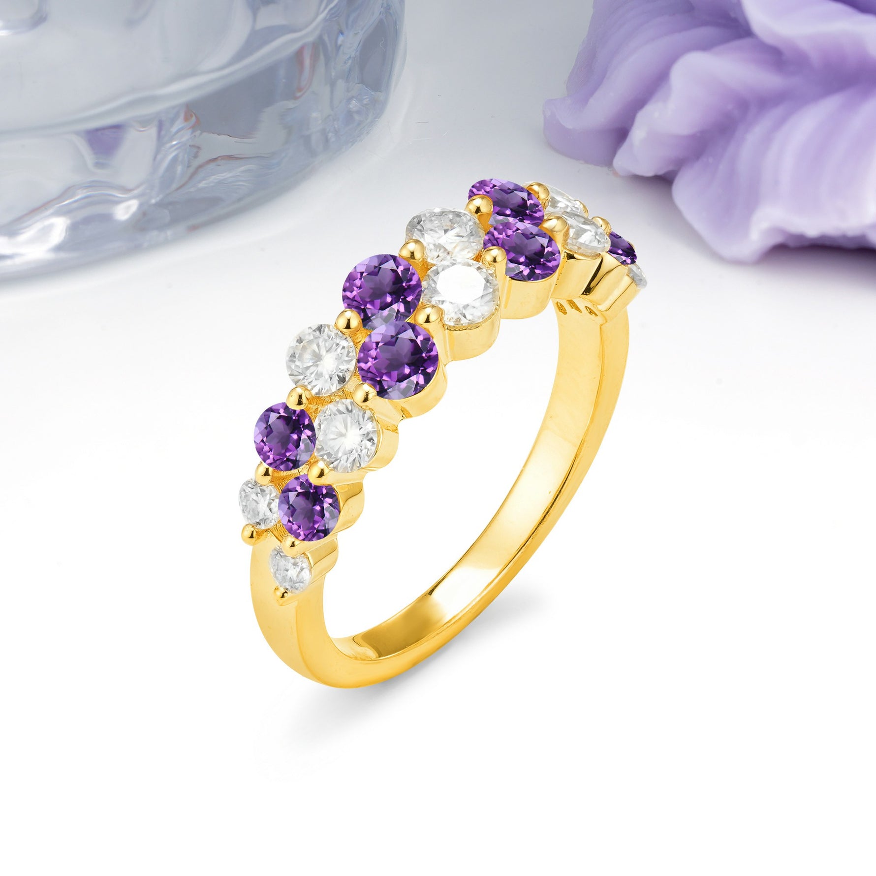 Offset Double‑Row Round Cut Amethyst Wedding Ring - Additional view