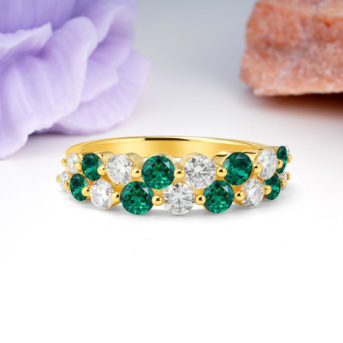 Offset Double‑Row Round Cut Emerald Wedding Ring - Additional view