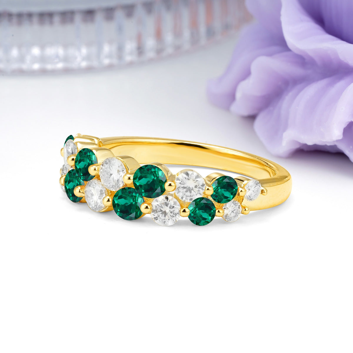 Offset Double‑Row Round Cut Emerald Wedding Ring - Additional view