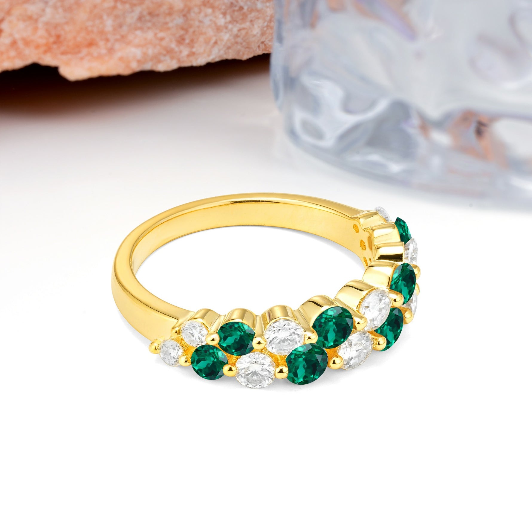 Offset Double‑Row Round Cut Emerald Wedding Ring - Additional view