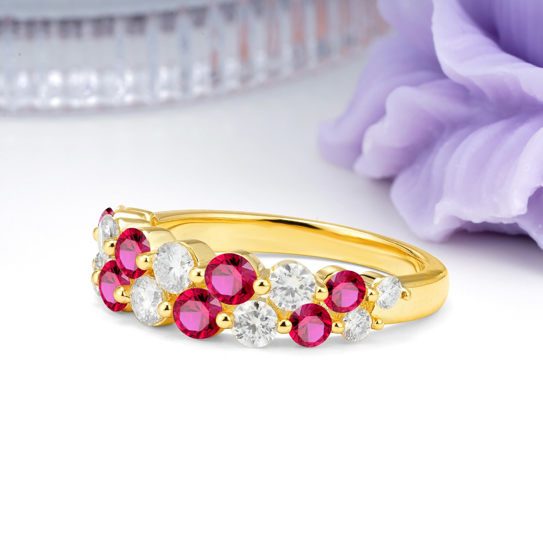 Offset Double‑Row Round Cut Ruby Wedding Ring - Additional view