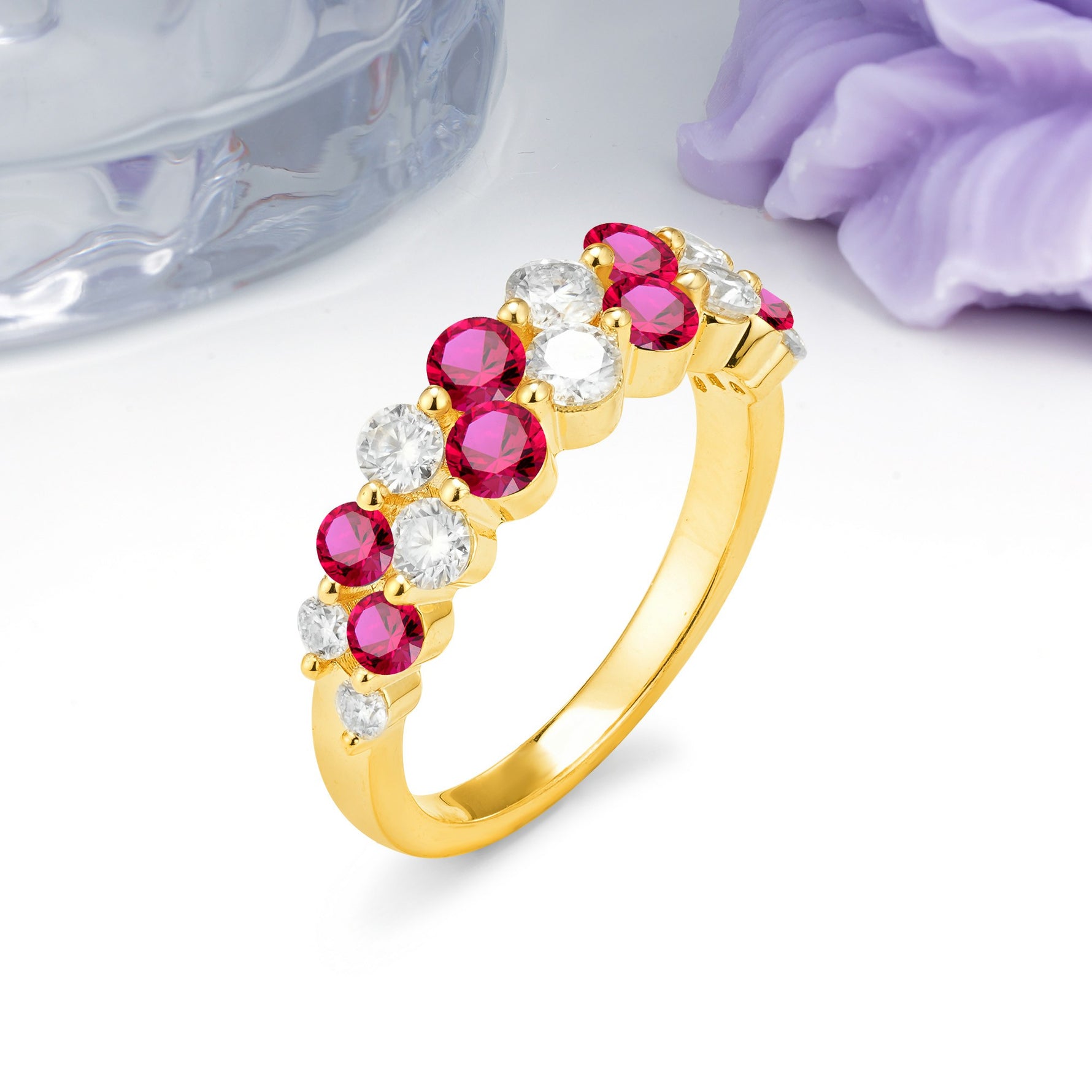 Offset Double‑Row Round Cut Ruby Wedding Ring - Additional view