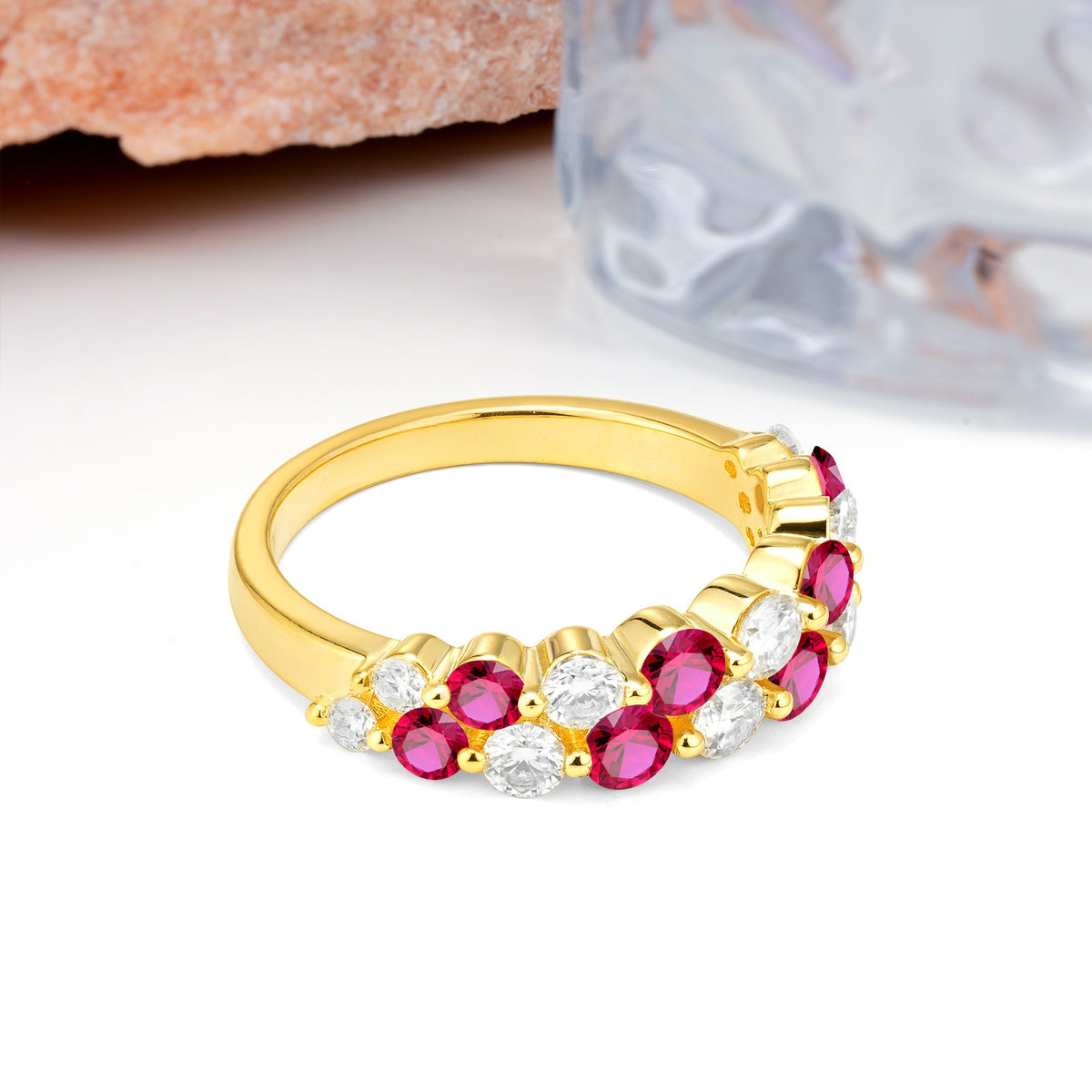 Offset Double‑Row Round Cut Ruby Wedding Ring - Additional view