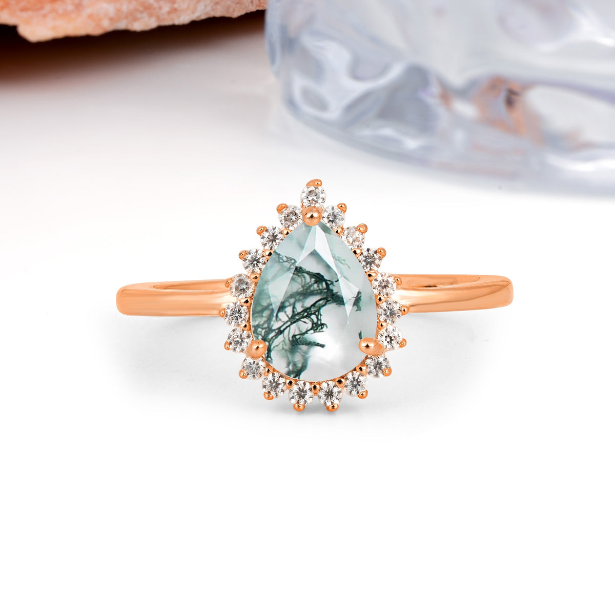 Classic Vintage 3-Prong Pear Cut Moss Agate Engagement Ring - Additional view