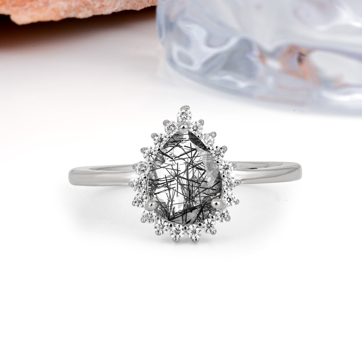 Classic Vintage 3-Prong Pear Cut Black Rutilated Quartz Engagement Ring - Additional view