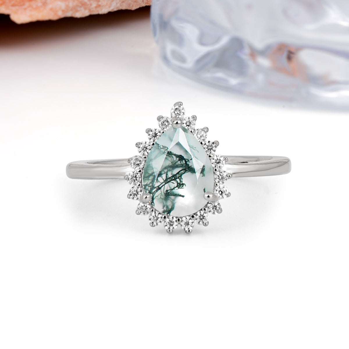 Classic Vintage 3-Prong Pear Cut Moss Agate Engagement Ring - Additional view