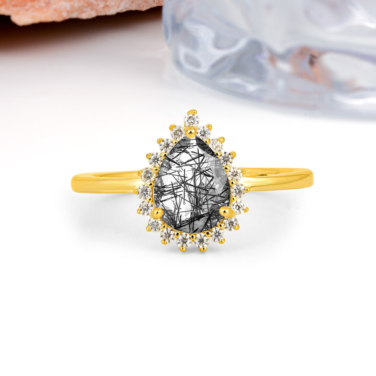 Classic Vintage 3-Prong Pear Cut Black Rutilated Quartz Engagement Ring - Additional view