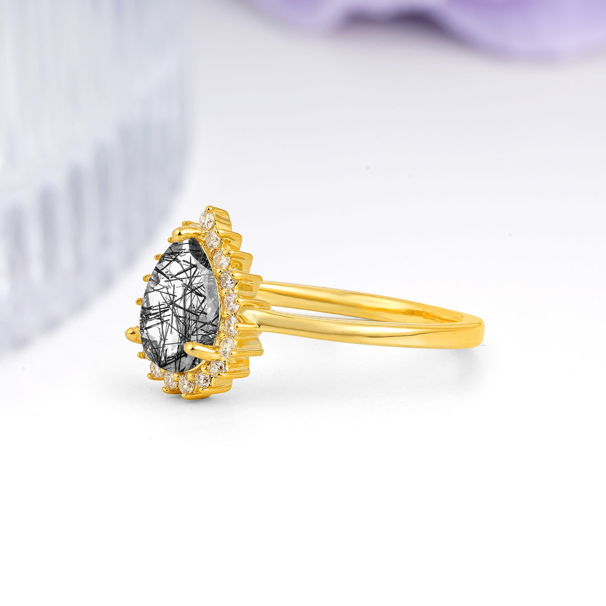 Classic Vintage 3-Prong Pear Cut Black Rutilated Quartz Engagement Ring - Additional view