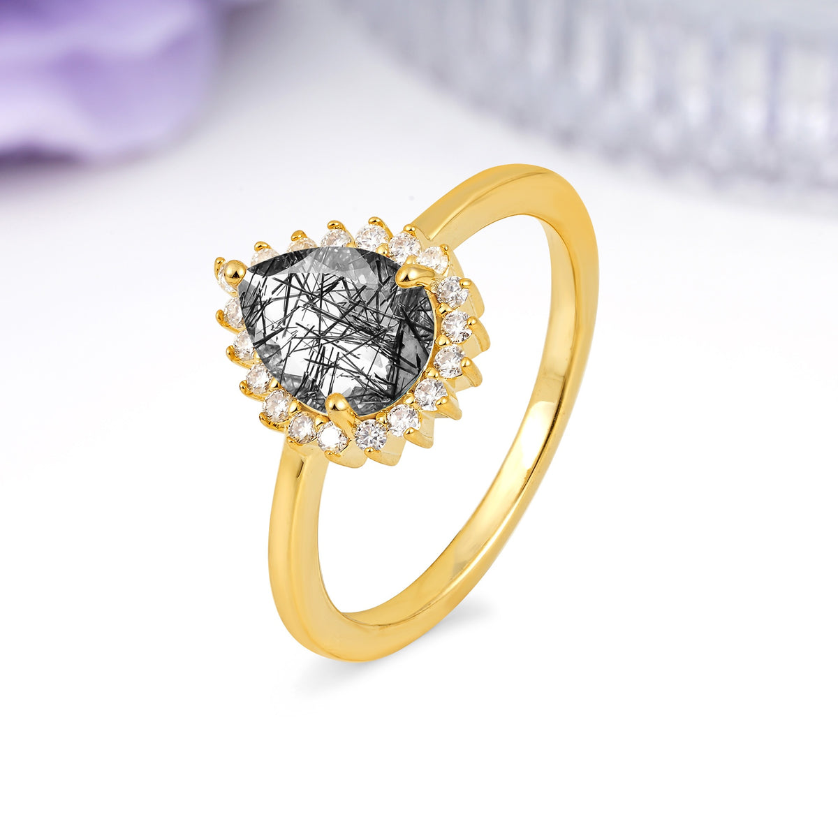 Classic Vintage 3-Prong Pear Cut Black Rutilated Quartz Engagement Ring - Additional view