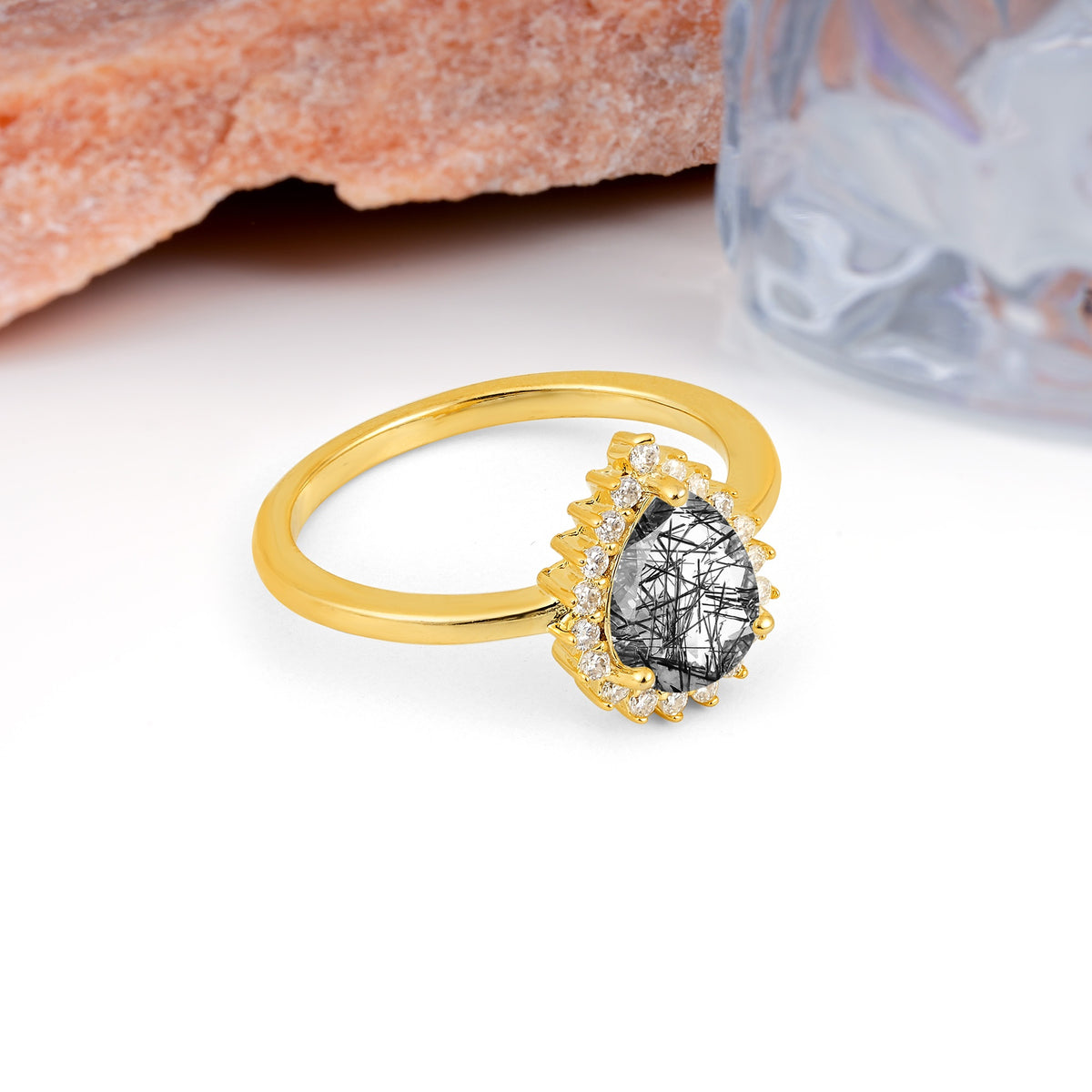 Classic Vintage 3-Prong Pear Cut Black Rutilated Quartz Engagement Ring - Additional view