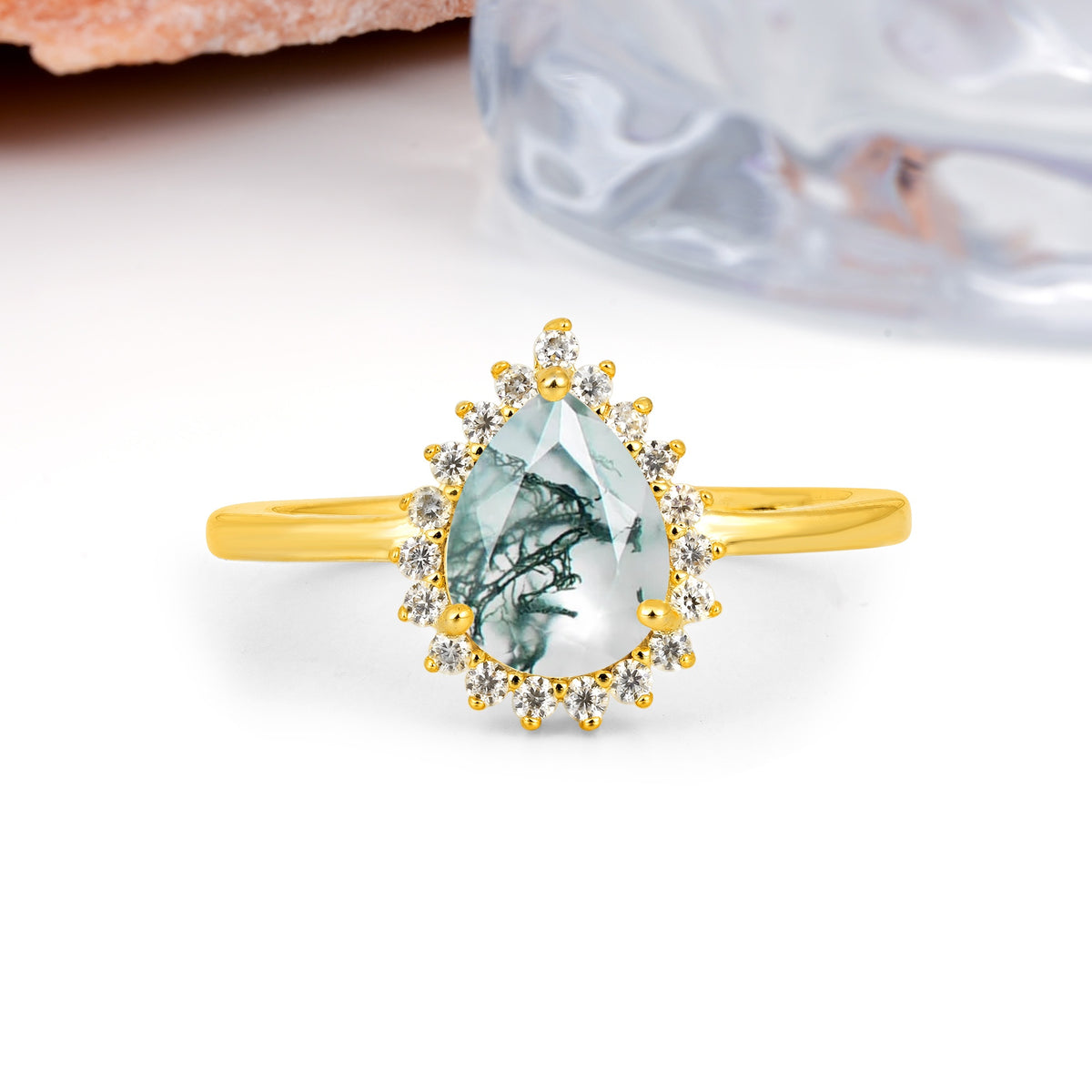 Classic Vintage 3-Prong Pear Cut Moss Agate Engagement Ring - Additional view