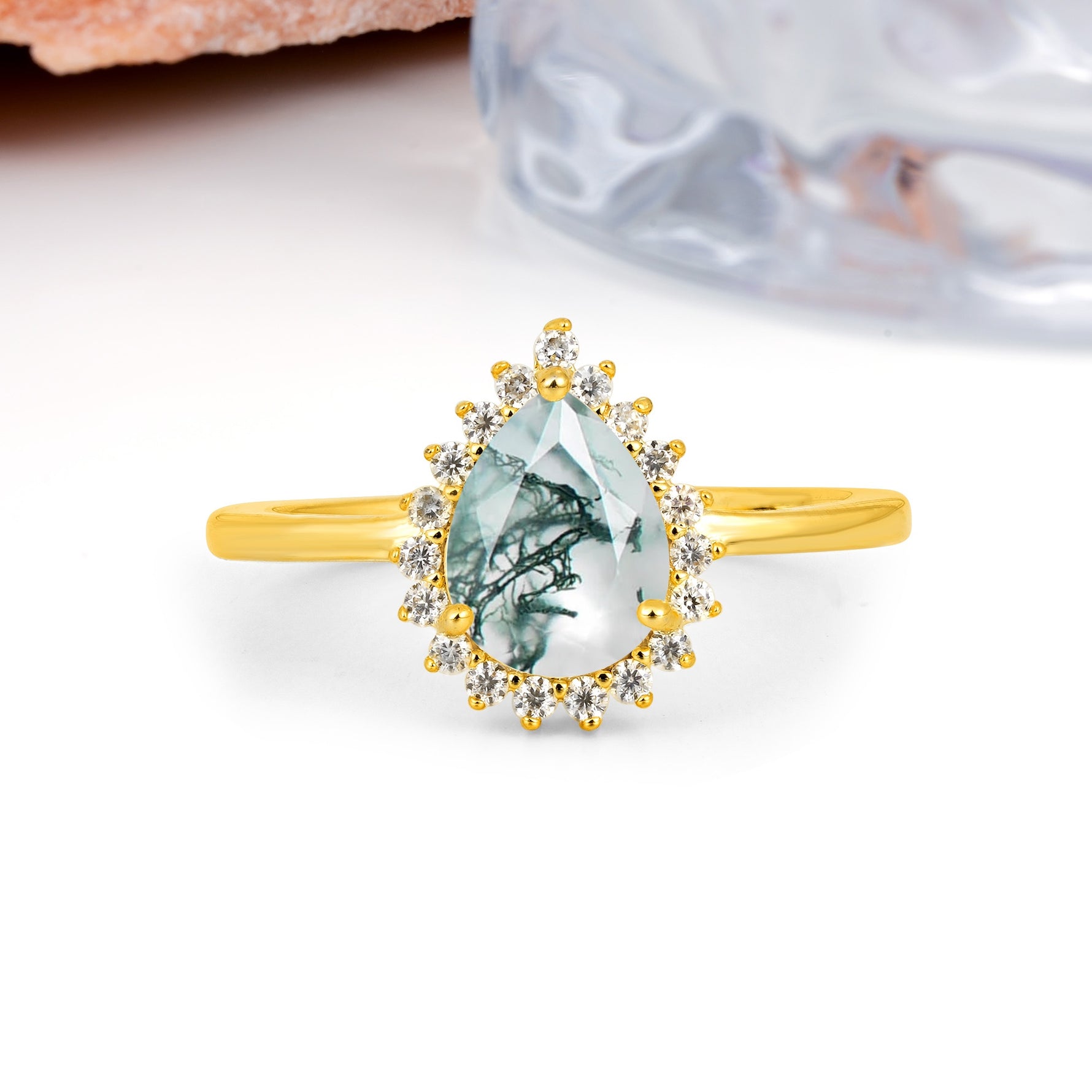 Classic Vintage 3-Prong Pear Cut Moss Agate Engagement Ring - Additional view