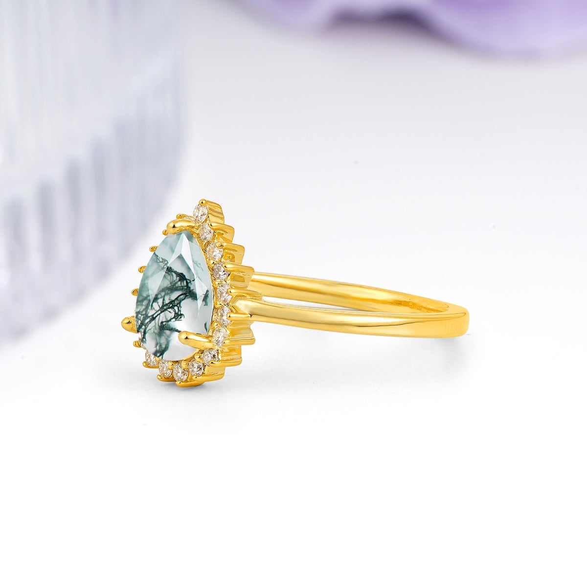 Classic Vintage 3-Prong Pear Cut Moss Agate Engagement Ring - Additional view