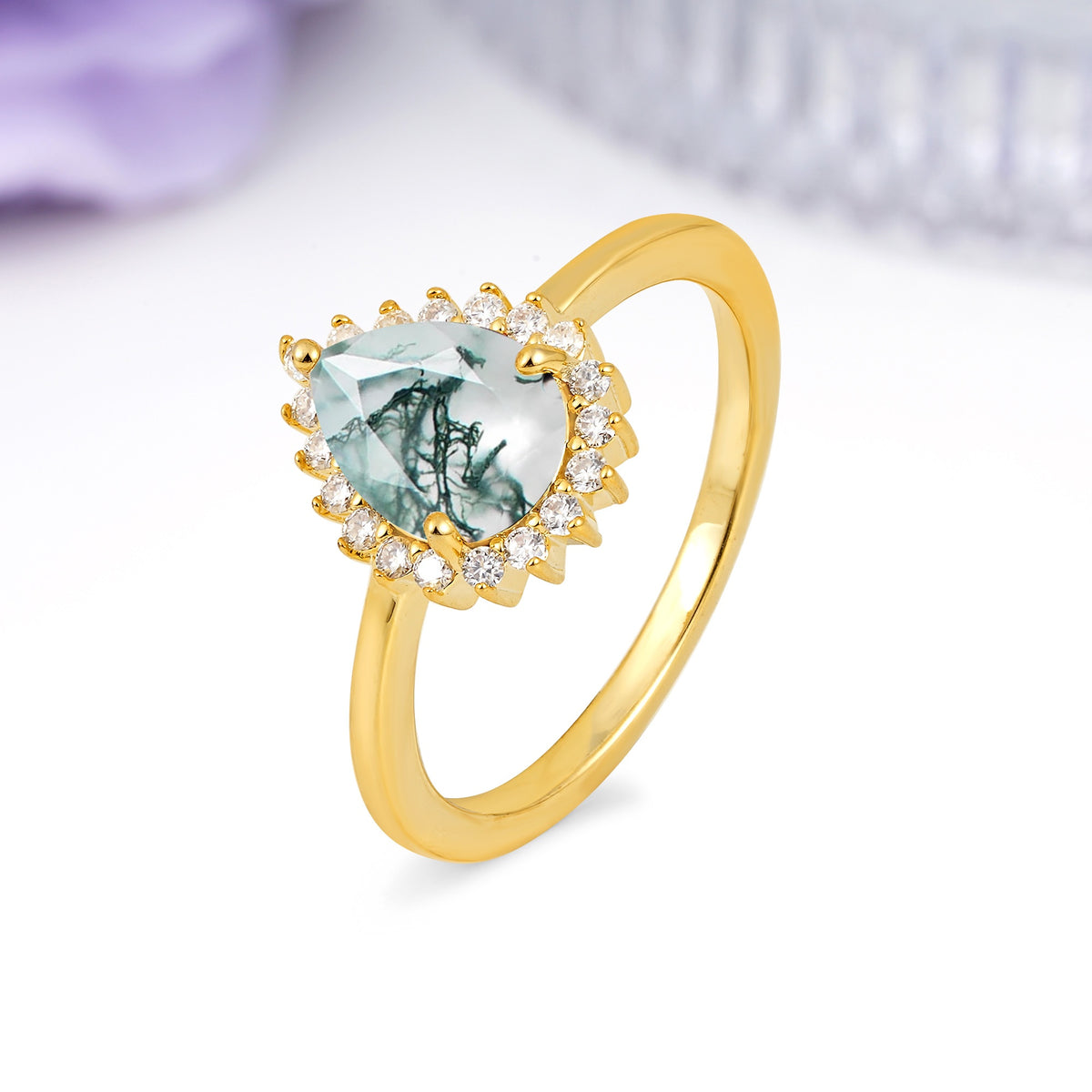 Classic Vintage 3-Prong Pear Cut Moss Agate Engagement Ring - Additional view