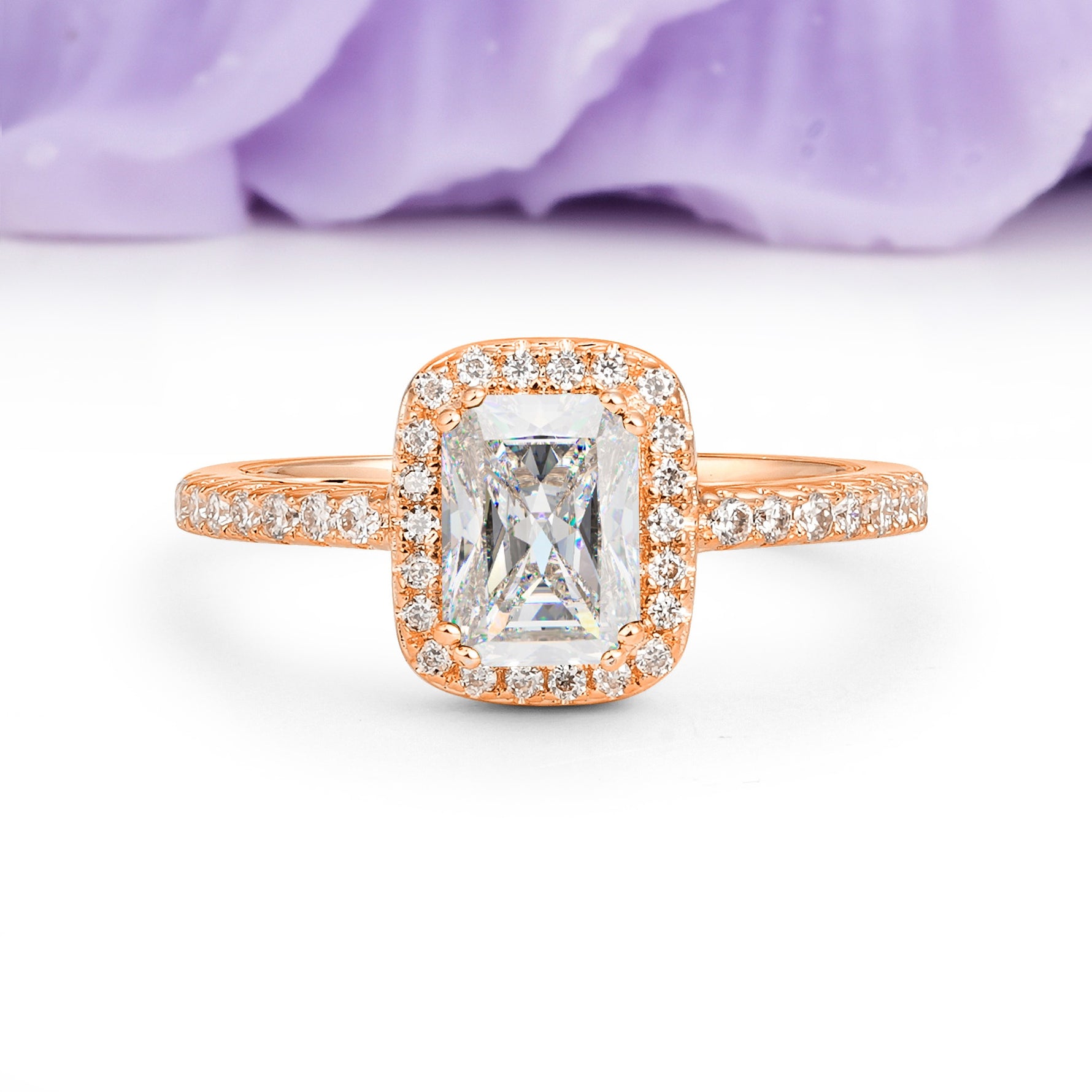 Classic Channel-Set, Vintage-Style 4-Prong Emerald Cut Moissanite Engagement Ring - Additional view