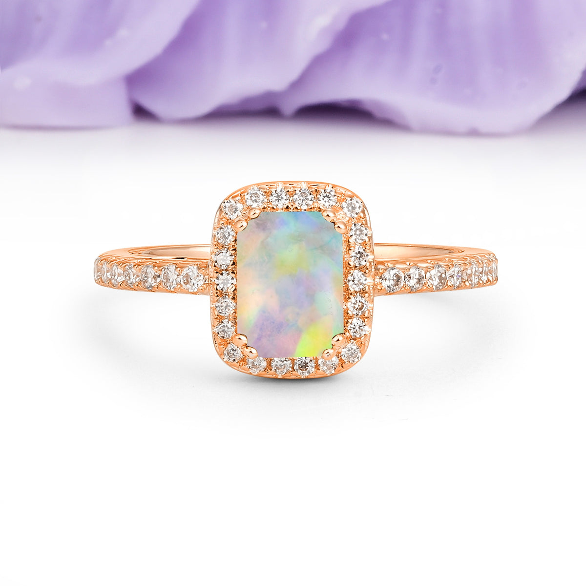 Classic Channel-Set, Vintage-Style 4-Prong Emerald Cut Fire Opal Engagement Ring - Additional view